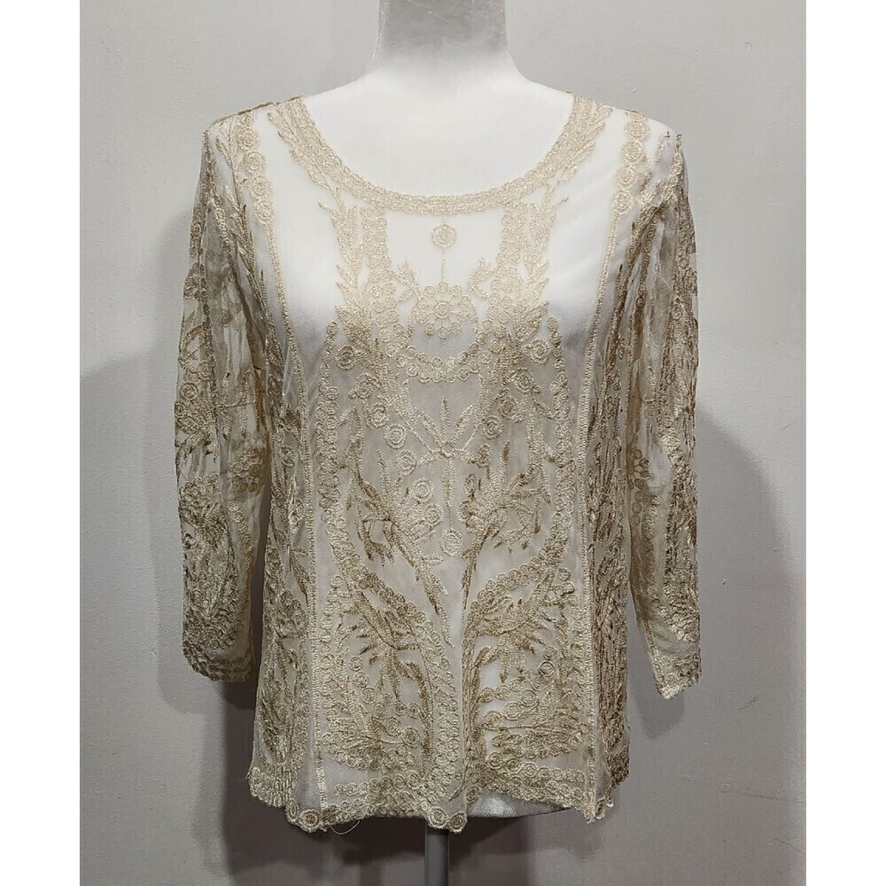 Nwt Ultra Pink Sheer Mesh Metallic Embroidered Boho Blouse, S